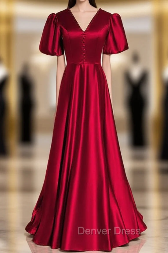 Burgundy Satin V Neck Puff Sleeve Backless Prom Dresses