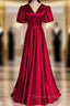 Burgundy Satin V Neck Puff Sleeve Backless Prom Dresses