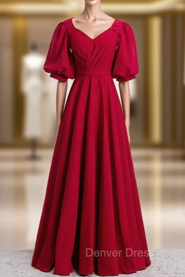 Burgundy Satin V Neck Puff Sleeve Pleats Prom Dresses