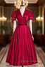 Burgundy Satin V Neck Puff Sleeve Prom Dresses