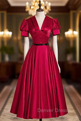 Burgundy Satin V-neck Puff Sleeve Prom Dresses