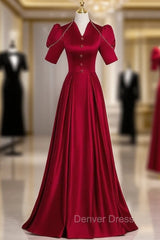 Burgundy Satin V-neck Short Sleeve Pearls Prom Dresses