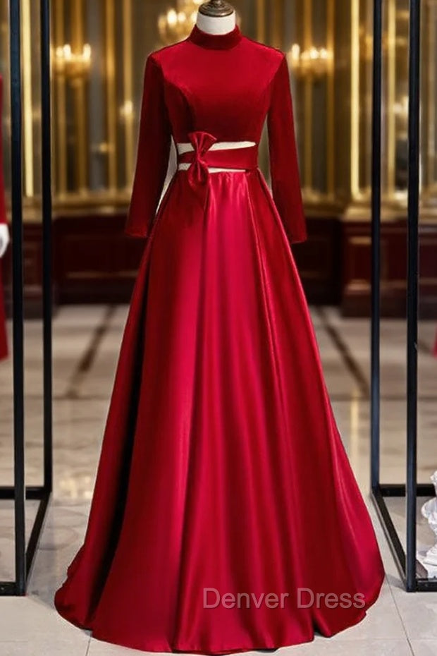 Burgundy Satin Velvet Long Sleeve Cut Out Prom Dresses