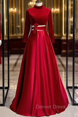 Burgundy Satin Velvet Long Sleeve Cut Out Prom Dresses