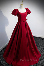 Burgundy Scoop Neckline Satin Long Prom Dress, Short Sleeve Prom Dresses