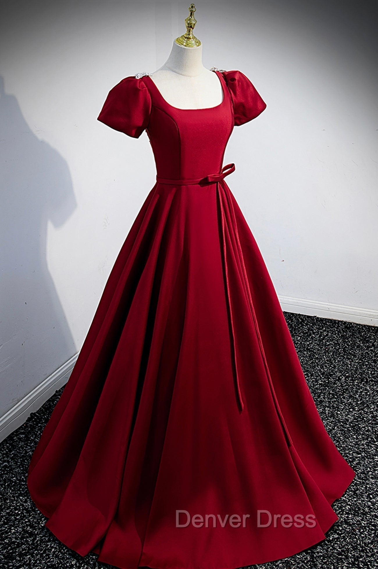 Burgundy Scoop Neckline Satin Long Prom Dress, Short Sleeve Prom Dresses