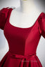 Burgundy Scoop Neckline Satin Long Prom Dress, Short Sleeve Prom Dresses