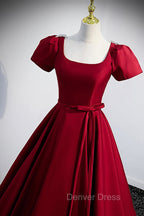 Burgundy Scoop Neckline Satin Long Prom Dress, Short Sleeve Prom Dresses