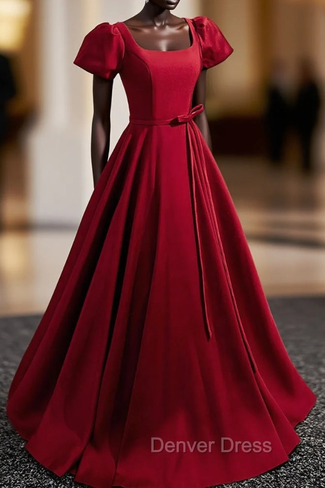 Burgundy Scoop Neckline Satin Long Prom Dress, Short Sleeve Prom Dresses