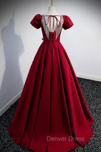 Burgundy Scoop Neckline Satin Long Prom Dress, Short Sleeve Prom Dresses