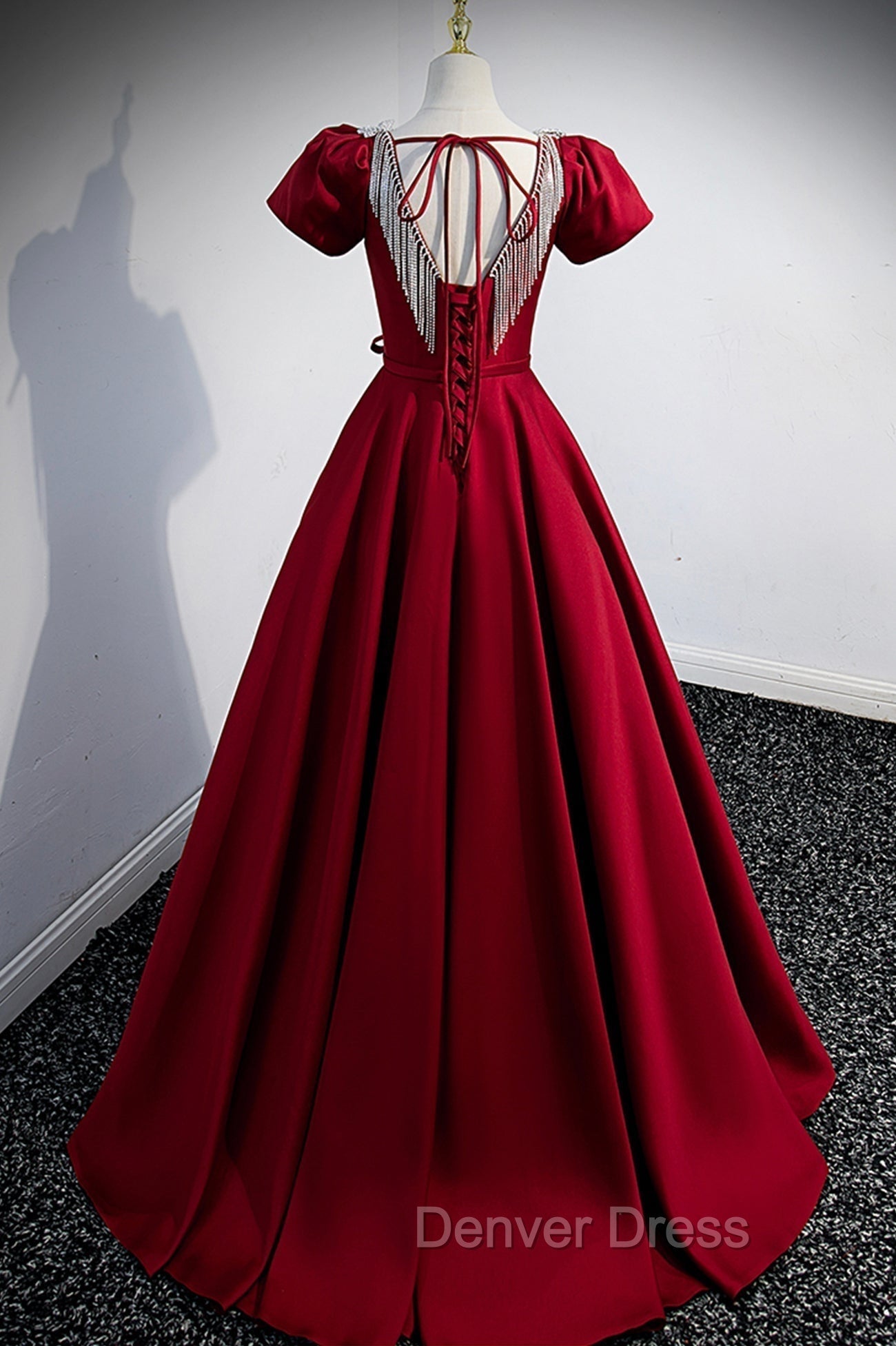 Burgundy Scoop Neckline Satin Long Prom Dress, Short Sleeve Prom Dresses