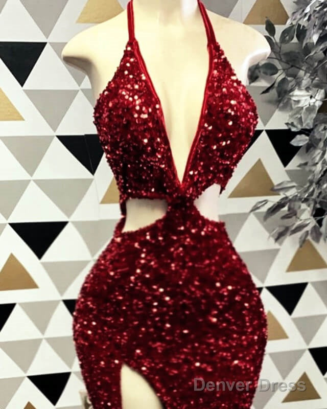 Burgundy Sequin Cut Out Prom Dresses