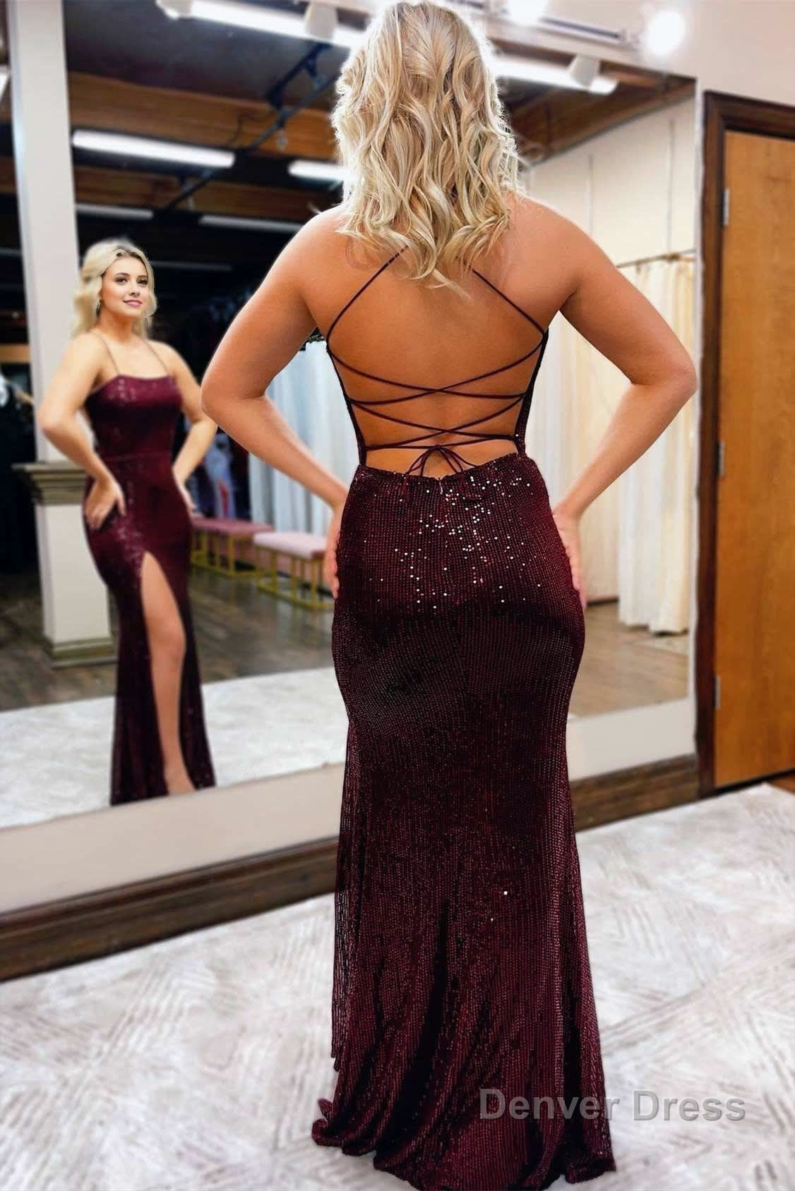 Burgundy Sequin Lace Up Back Long Prom Dresses with Slit Secondary image