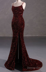 Burgundy Sequin Mermaid Backless Prom Dress Long Evening Dress