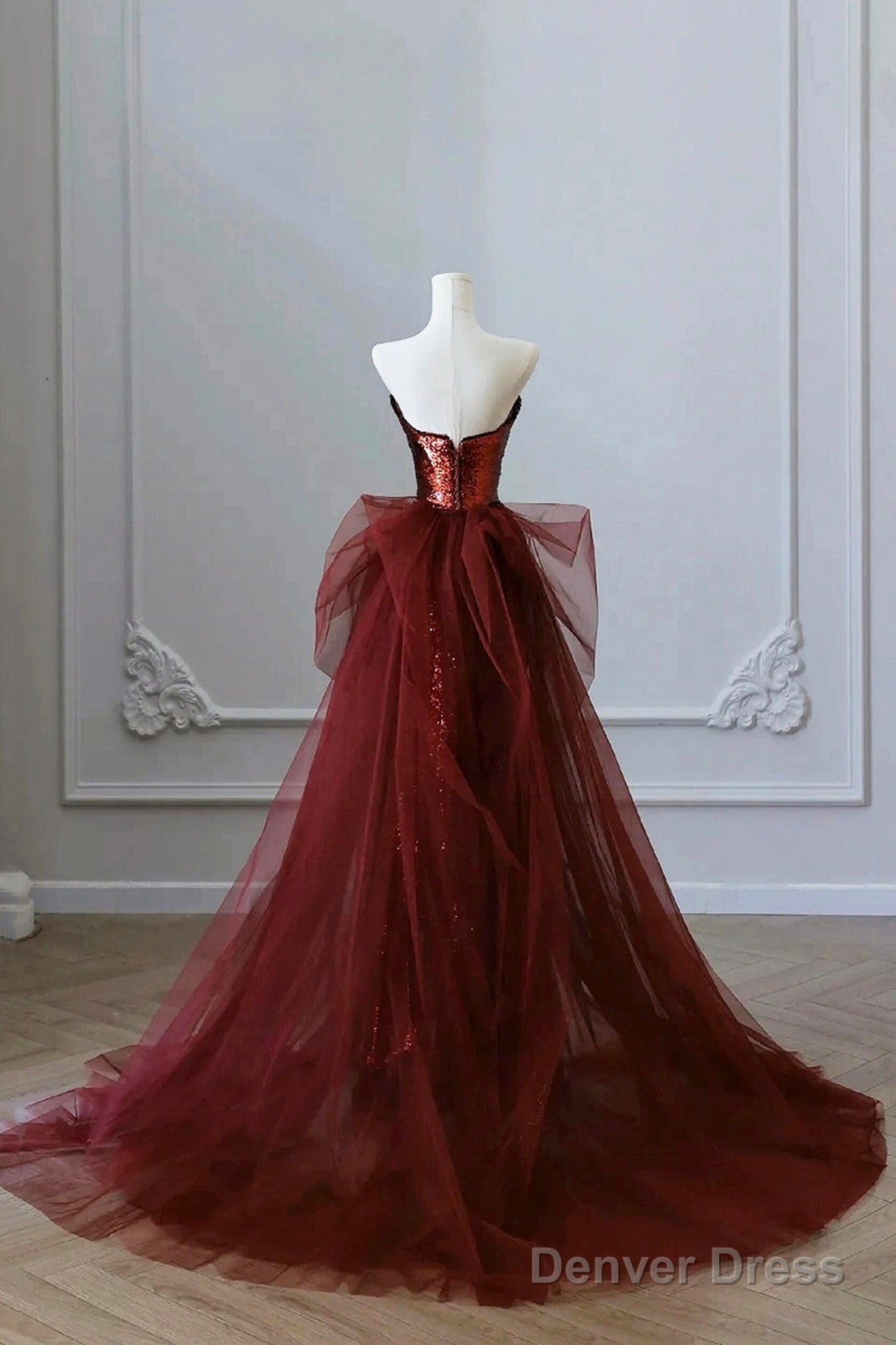 Burgundy Sequins And Tulle Long Prom Dress, Elegant Strapless Prom Dresses Secondary image