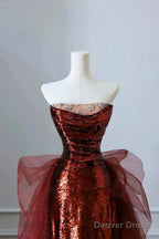 Burgundy Sequins And Tulle Long Prom Dress, Elegant Strapless Prom Dresses