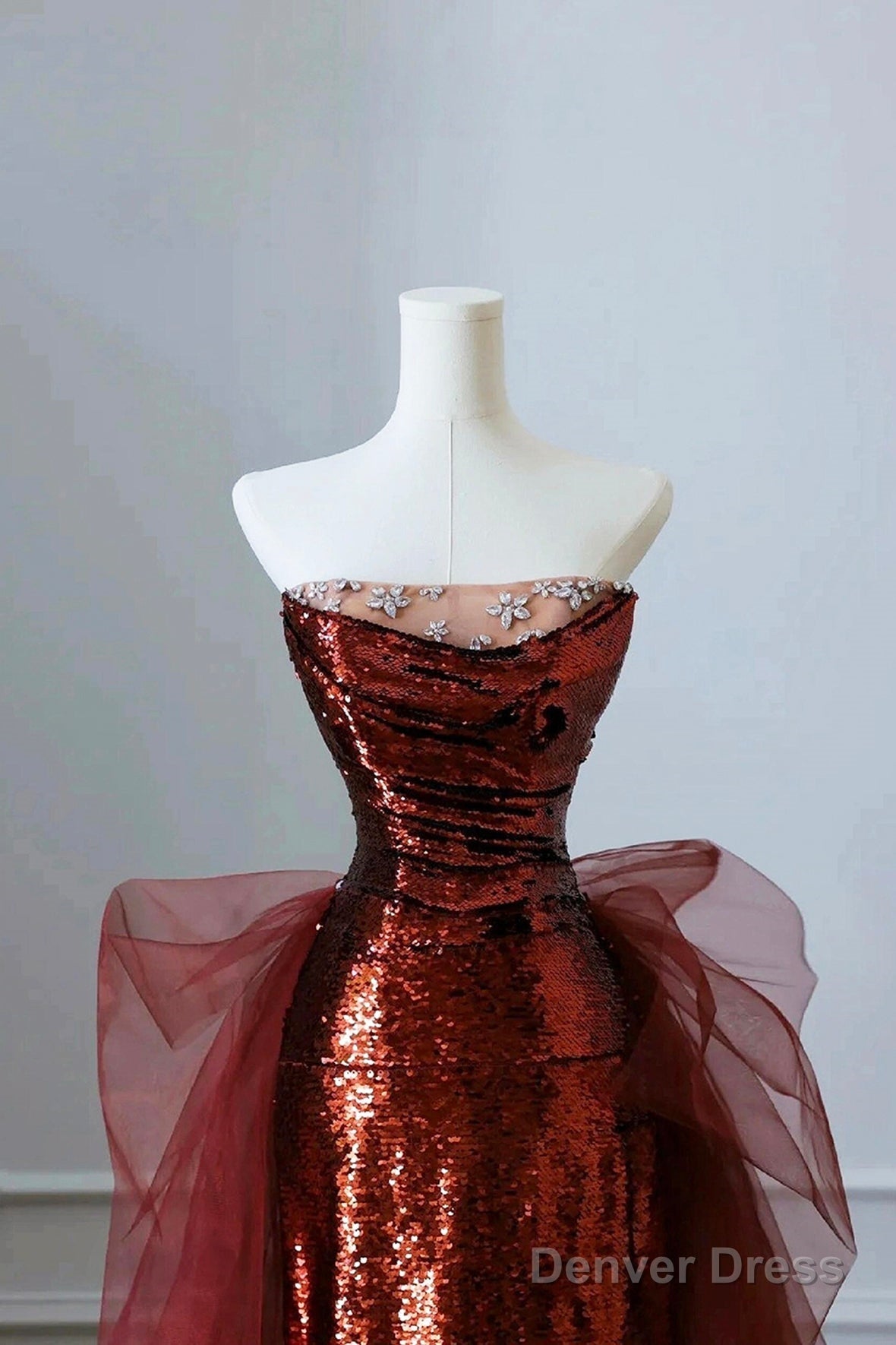 Burgundy Sequins And Tulle Long Prom Dress, Elegant Strapless Prom Dresses