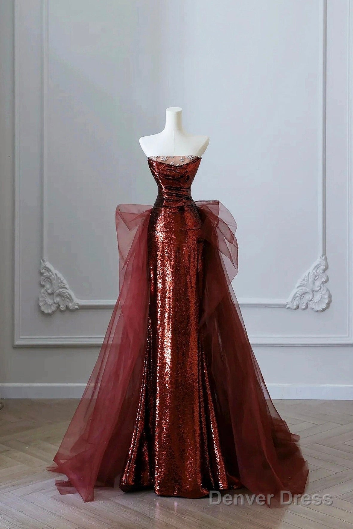 Burgundy Sequins And Tulle Long Prom Dress, Elegant Strapless Prom Dresses Main image