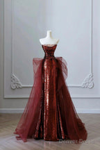 Burgundy Sequins And Tulle Long Prom Dress, Elegant Strapless Prom Dresses