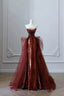 Burgundy Sequins And Tulle Long Prom Dress, Elegant Strapless Prom Dresses