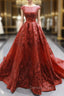 Burgundy Sequins Ball Gown Cap Sleeve Backless Prom Dresses