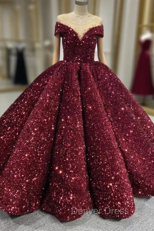 Burgundy Sequins Ball Gown Cap Sleeve Prom Dresses