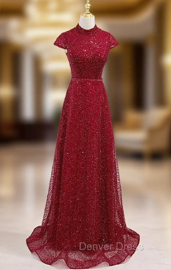 Burgundy Sequins High Cap Sleeve Prom Dresses
