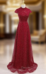 Burgundy Sequins High Cap Sleeve Prom Dresses