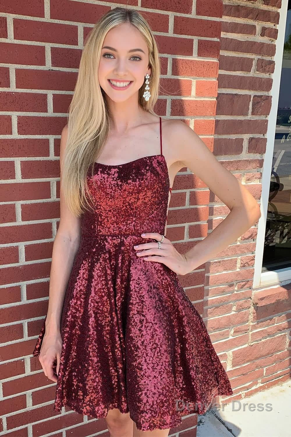 burgundy sequins homecoming dress with criss cross back