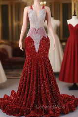 Burgundy Sequins Mermaid Lace Prom Dresses