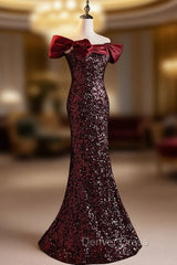 Burgundy Sequins Mermaid Off the Shoulder Prom Dresses