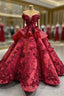 Burgundy Sequins Off the Shoulder 3D Flower Floor Length Prom Dresses