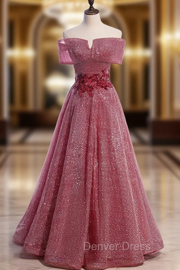 Burgundy Sequins Off the Shoulder Appliques Prom Dresses