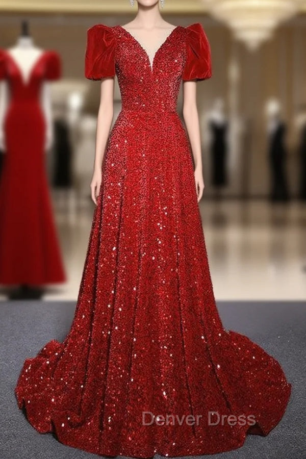 Burgundy Sequins Puff Sleeve Prom Dresses With Bow