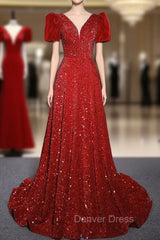 Burgundy Sequins Puff Sleeve Prom Dresses With Bow