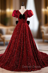Burgundy Sequins Puff Sleeve Prom Dresses