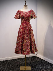 Burgundy Sequins Puff Sleeve Tea Length Prom Dress