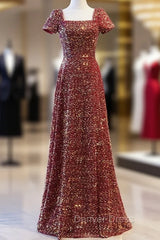 Burgundy Sequins Square Short Sleeve Prom Dresses