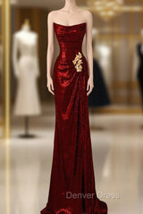 Burgundy Sequins Strapless Pleats Prom Dresses