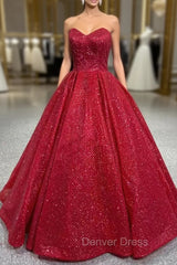 Burgundy Sequins Strapless Prom Dresses