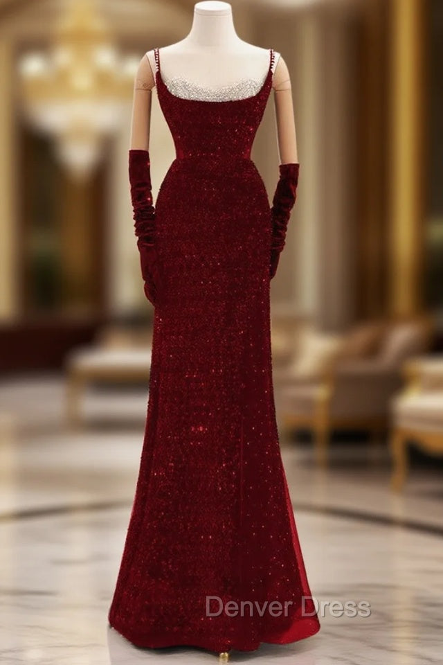 Burgundy Sequins Straps Beading Prom Dresses Main image