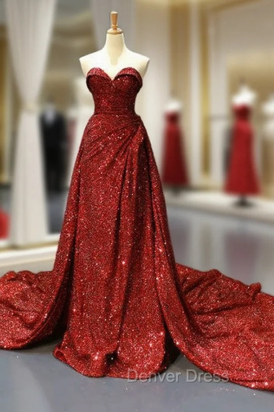 Burgundy Sequins Sweetheart Pleats Prom Dresses With Long Train
