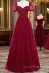 Burgundy Sequins Tulle Puff Sleeve Beading Prom Dresses