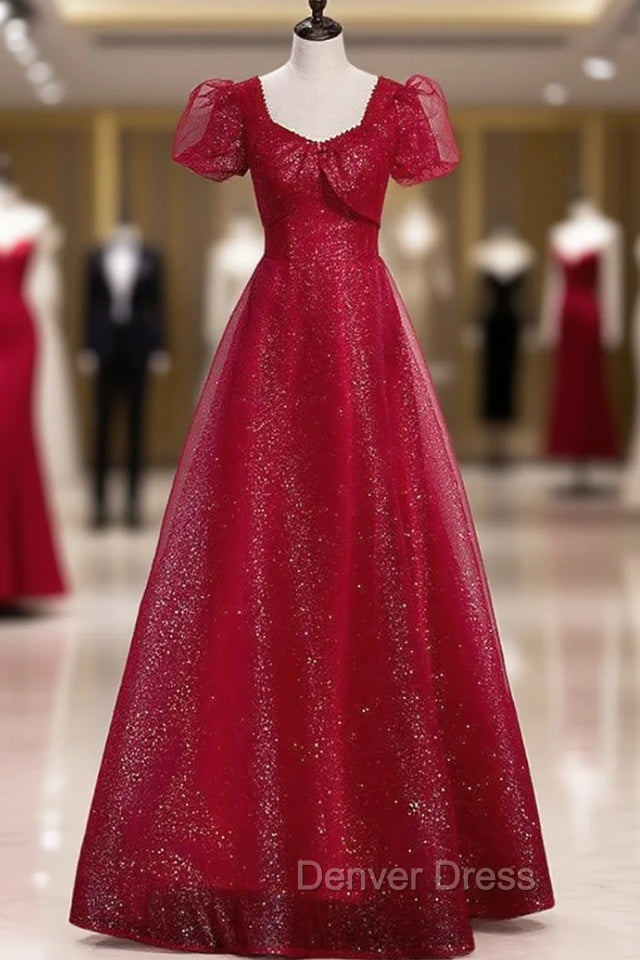 Burgundy Sequins Tulle Square Short Sleeve Prom Dresses