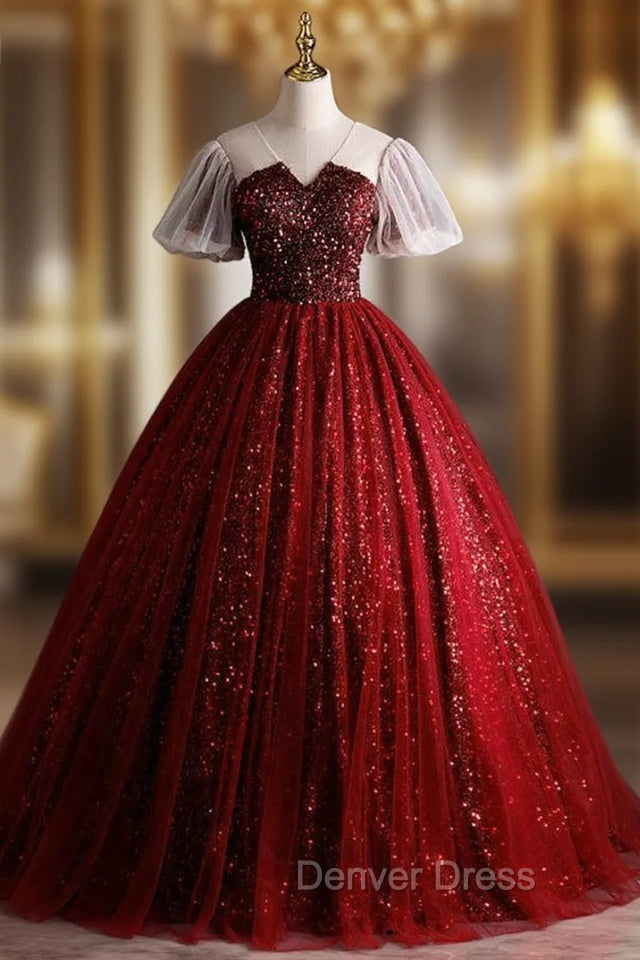 Burgundy Sequins V Neck Puff Sleeve Quinceanera Dresses