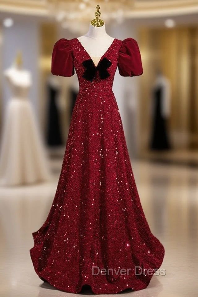 Burgundy Sequins V Neck Short Sleeve Prom Dresses