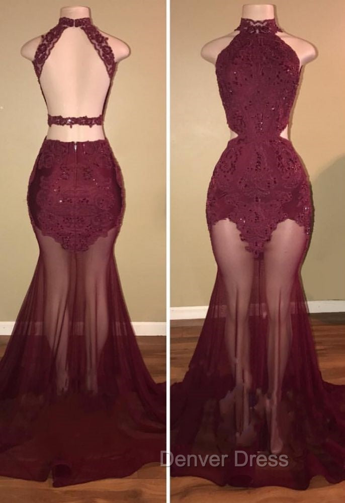 Burgundy Sheer Tulle Lace Appliques High Neck Mermaid Prom Dresses Secondary image