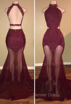 Burgundy Sheer Tulle Lace Appliques High Neck Mermaid Prom Dresses