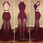 Burgundy Sheer Tulle Lace Appliques High Neck Mermaid Prom Dresses