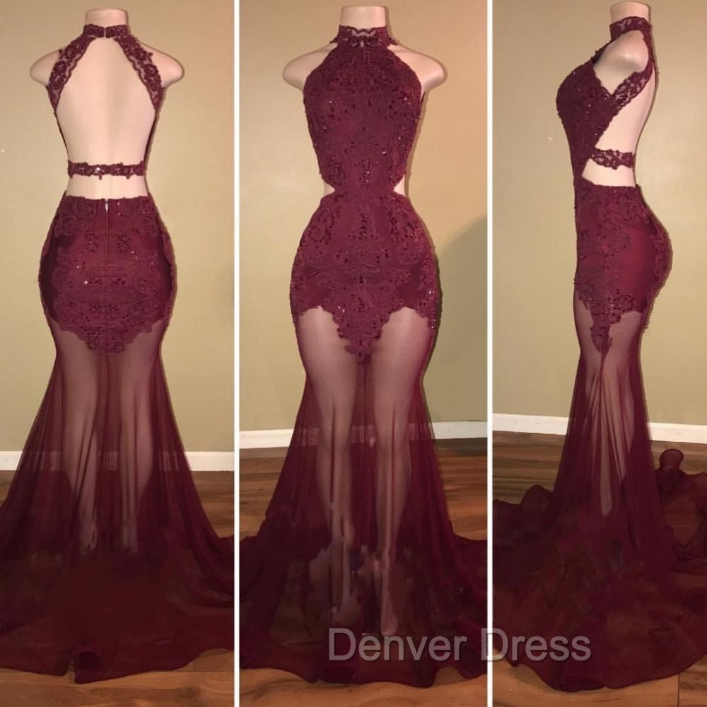 Burgundy Sheer Tulle Lace Appliques High Neck Mermaid Prom Dresses